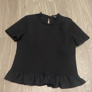 Express Black Smocked Short Sleeve Ruffle-Hem Blouse